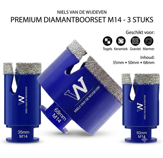 Diamantboorset M14 · 35, 50 en 68 mm